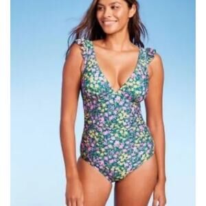 Kona Sol Ruffle Shoulder Ruched Floral One Piece Swimsuit Small NWT